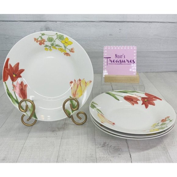 Gibson Dining Gibson Floriana Bloom Floral Rim On White Smooth Oven Safe Soup Bowls Set Of 4